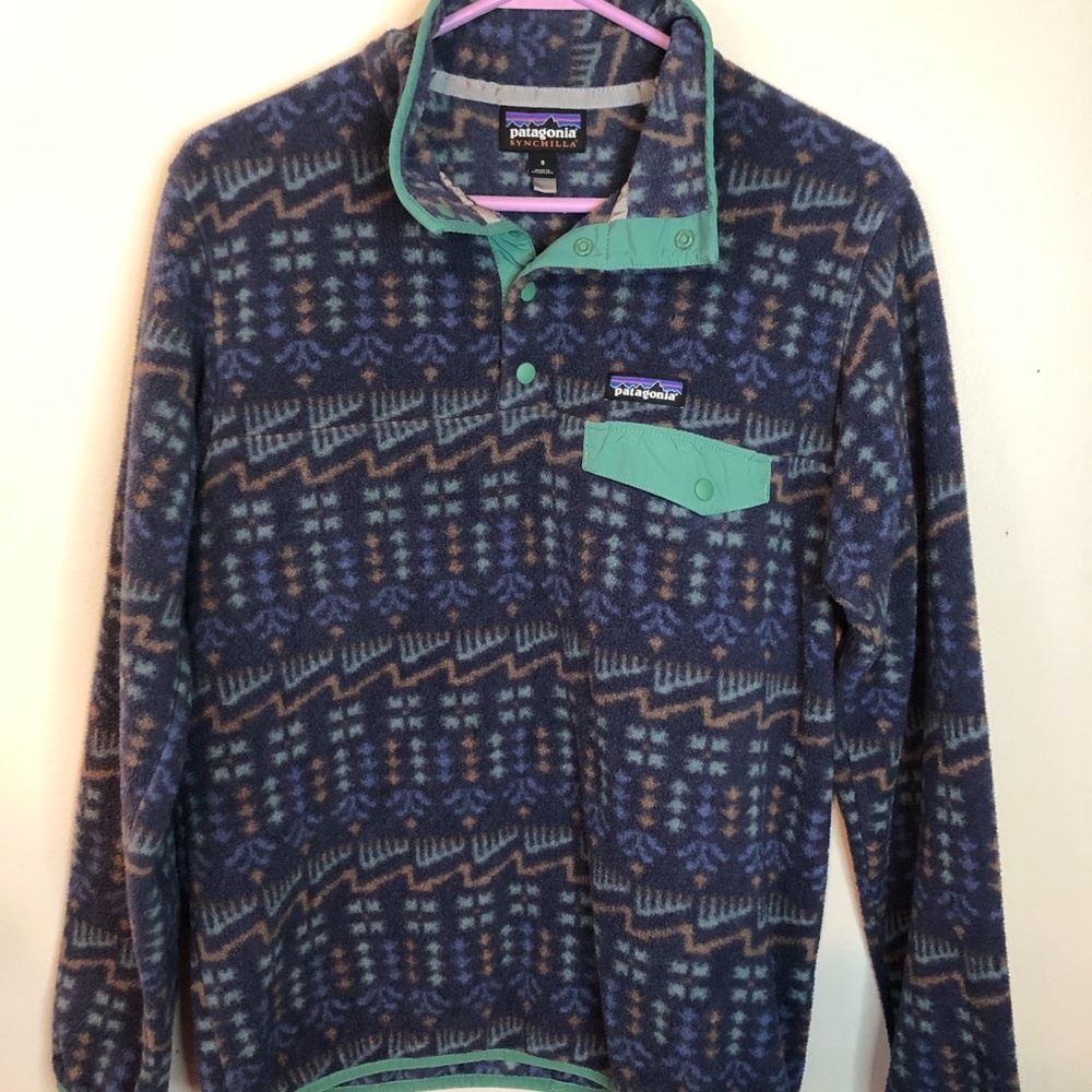 Patagonia synchilla snap-t fleece pullover Aztec timber twist blue green small